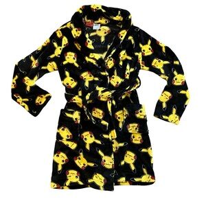 Pokemon Pikachu Plush Bath Robe Size 10/12 Boys Unisex Kids Youth Pockets Soft